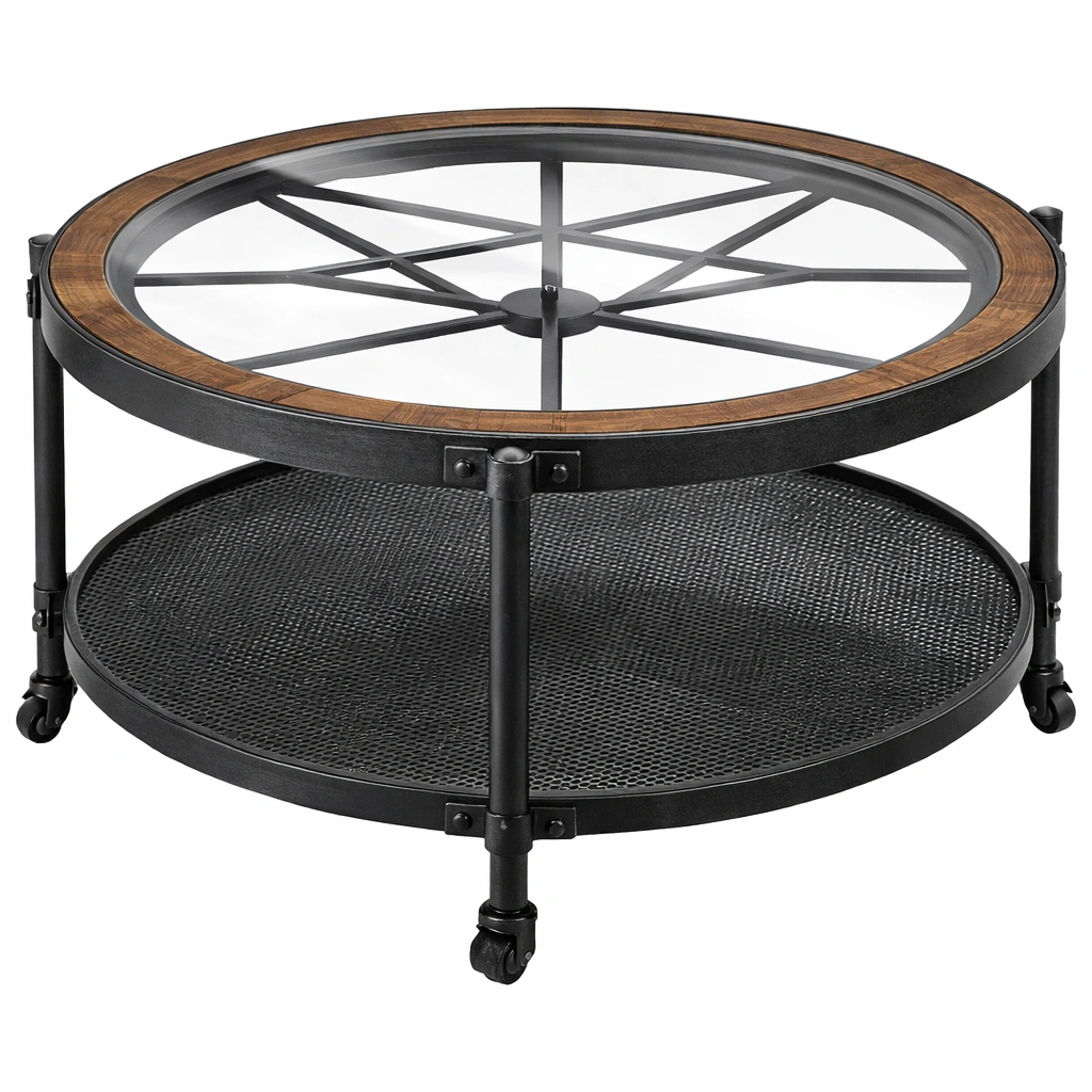 Table basse industrielle metal noir plateau bois roulettes-Lumvane