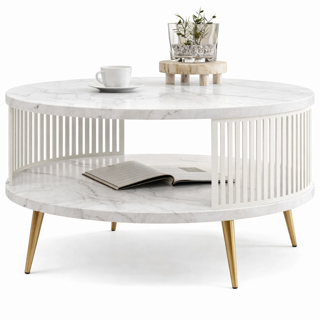 Table basse ronde marbre blanc pieds metal dore-Lumvane