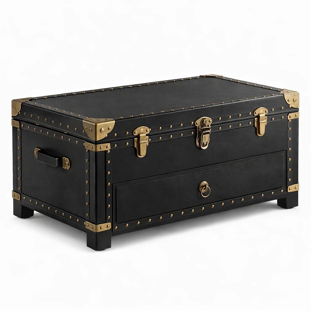 Coffre rangement style malle vintage noir metal-Lumvane