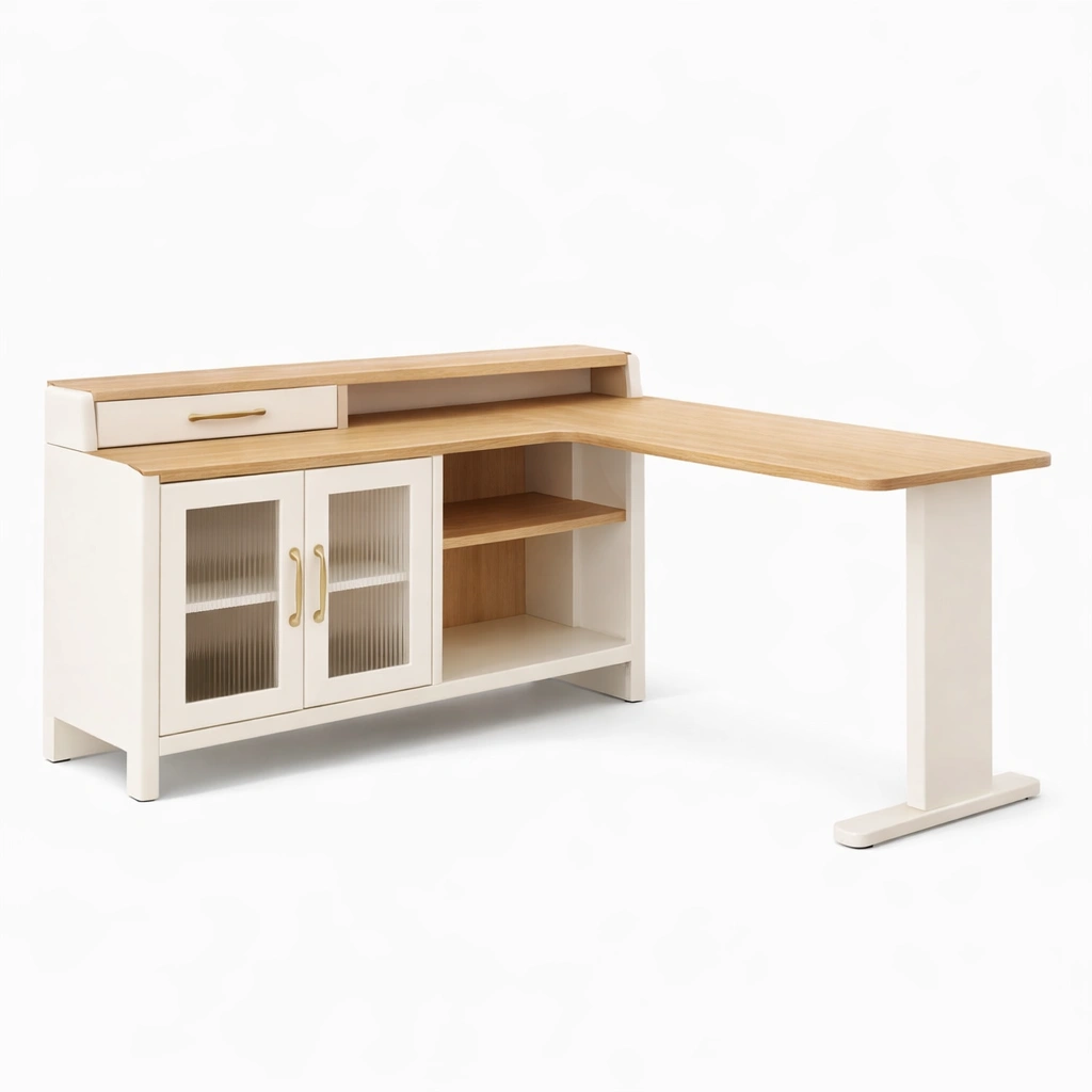 Bureau angle bois clair avec rangement integre-Lumvane