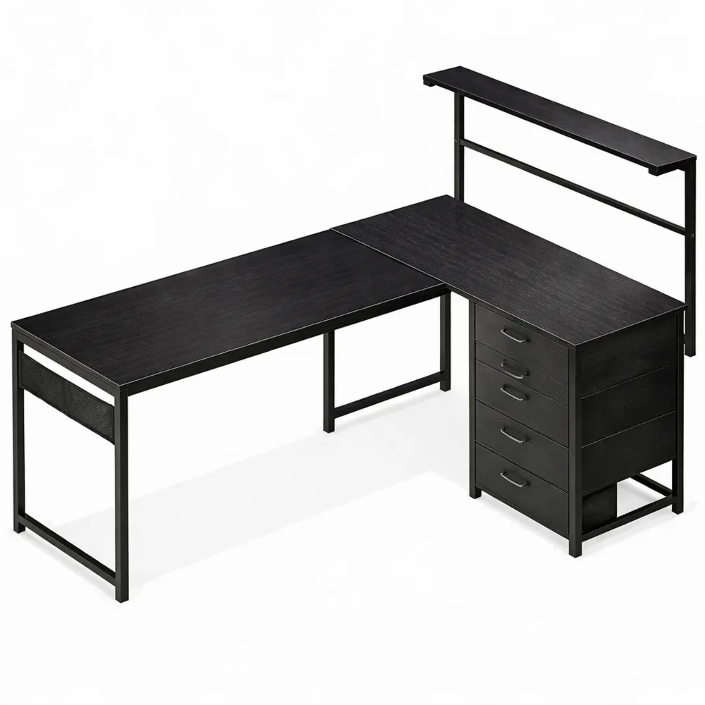 Bureau d'angle réversible avec LEDs et rangements intégrés