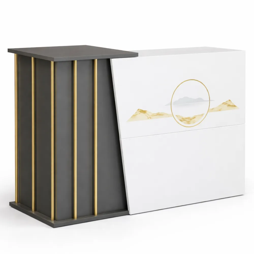 Comptoir d'accueil multifonctionnel avec tiroirs verrouillables et pieds en acier, couleur noire, 140 cm