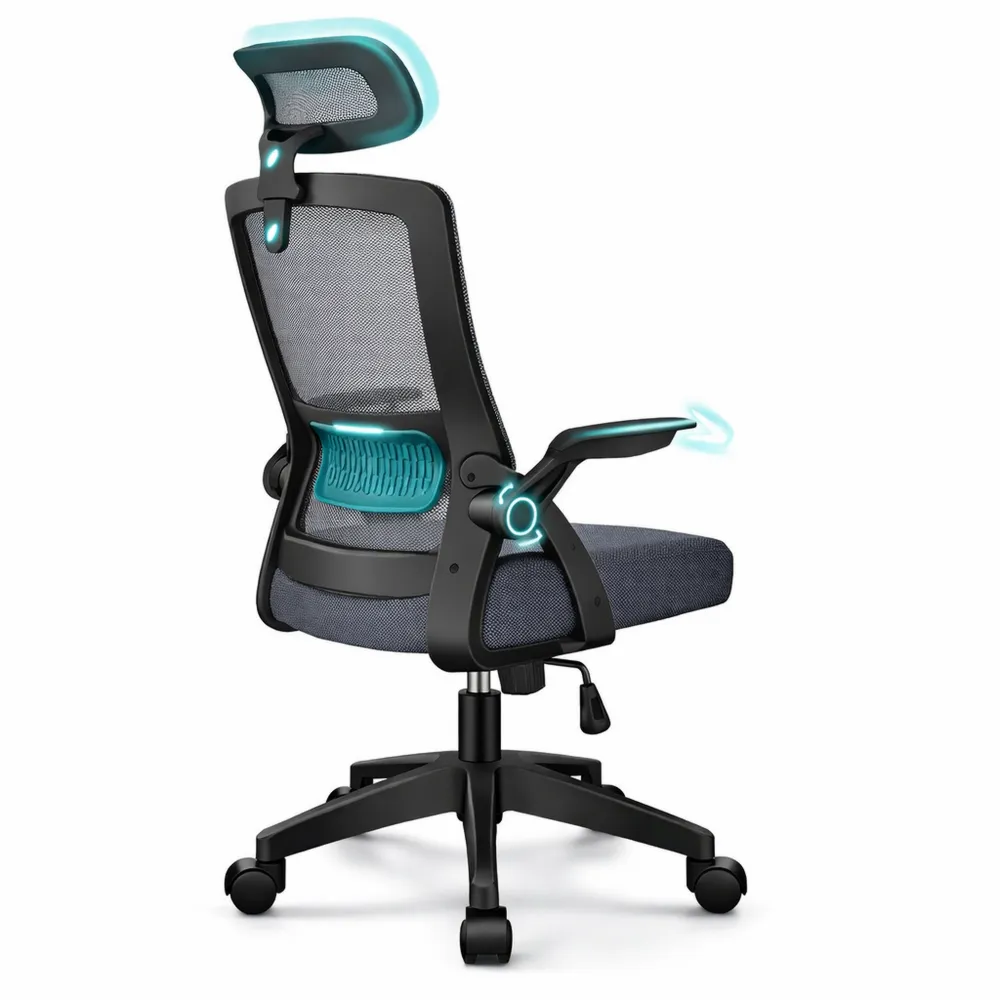 Chaise ergonomique pivotante avec support lombaire et accoudoirs rabattables, gris foncé