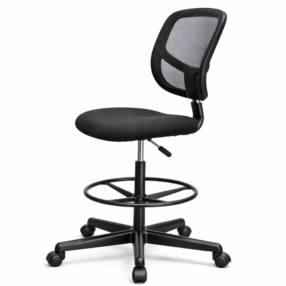 Tabouret Rotatif Ergonomique avec Repose-Pieds Réglable, Siège Confortable en Tissu, Capacité 120 kg