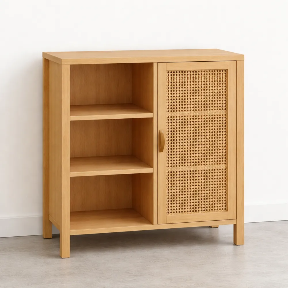 Buffet 3 étagères avec placard 70 cm en bois et cannage