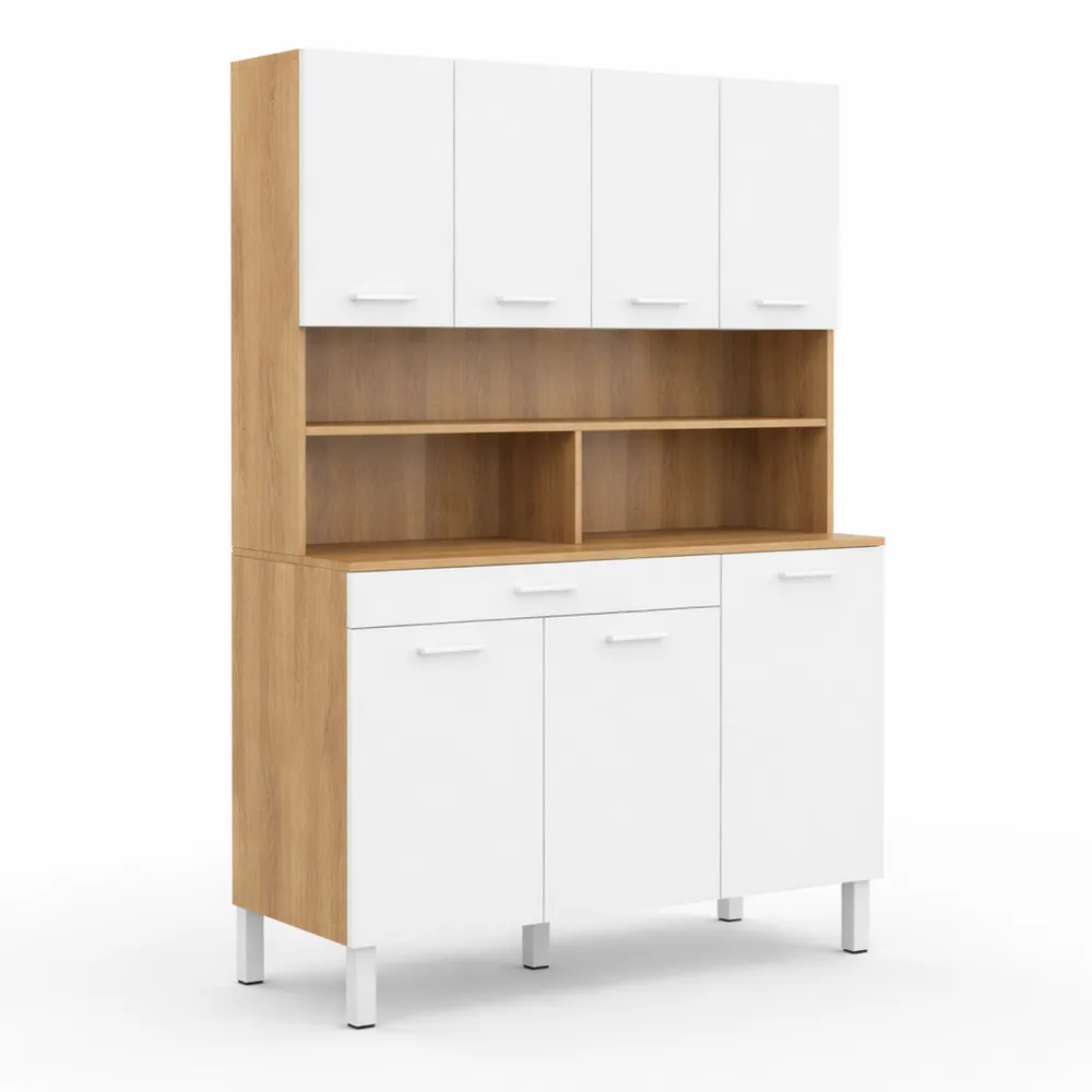 Buffet de cuisine 6 portes et tiroir en hêtre et blanc 120 cm