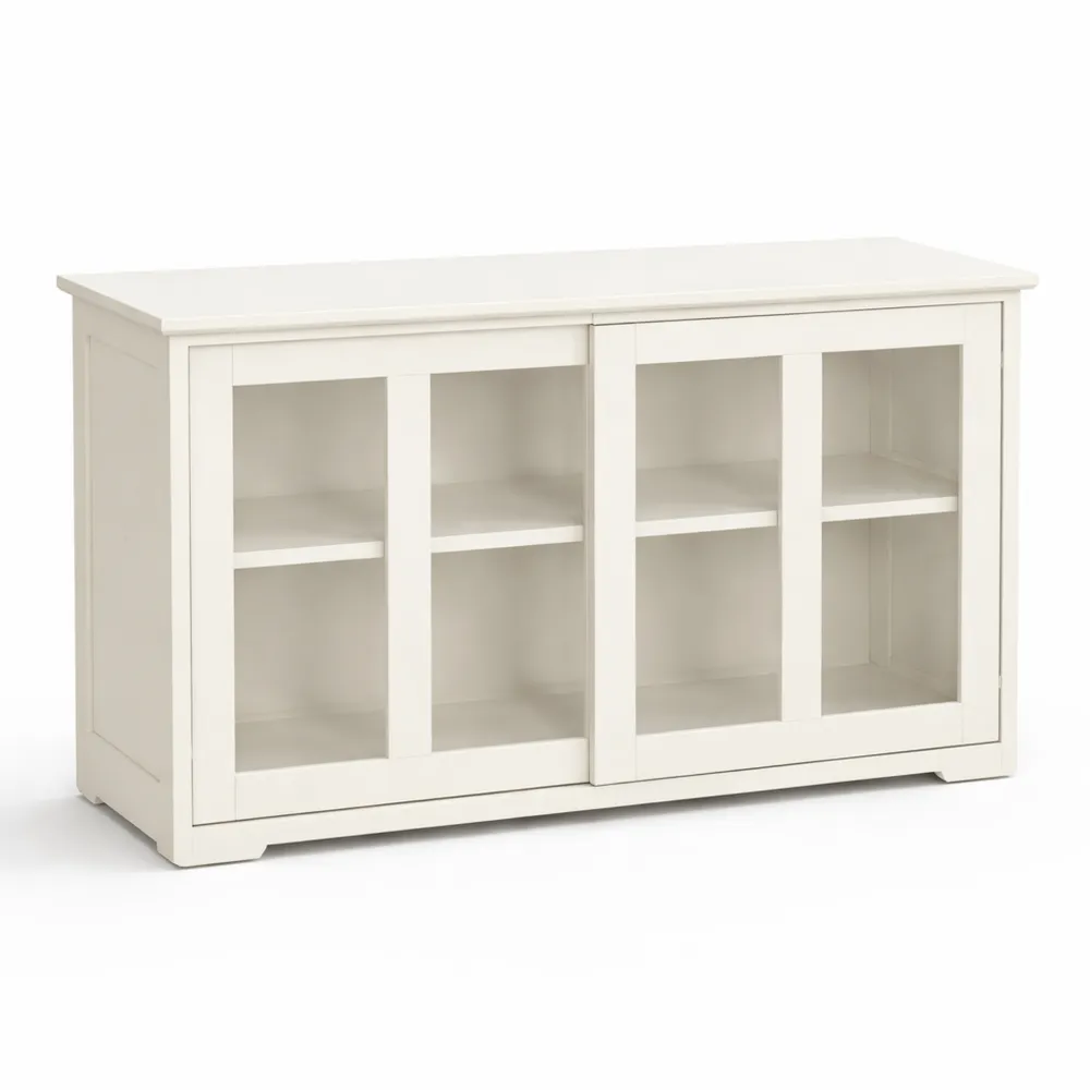 Buffet de Cuisine avec Portes Coulissantes en Verre et Étagères Réglables, Meuble de Rangement Contemporain pour Salon ou Chambre, 107x33x64 cm