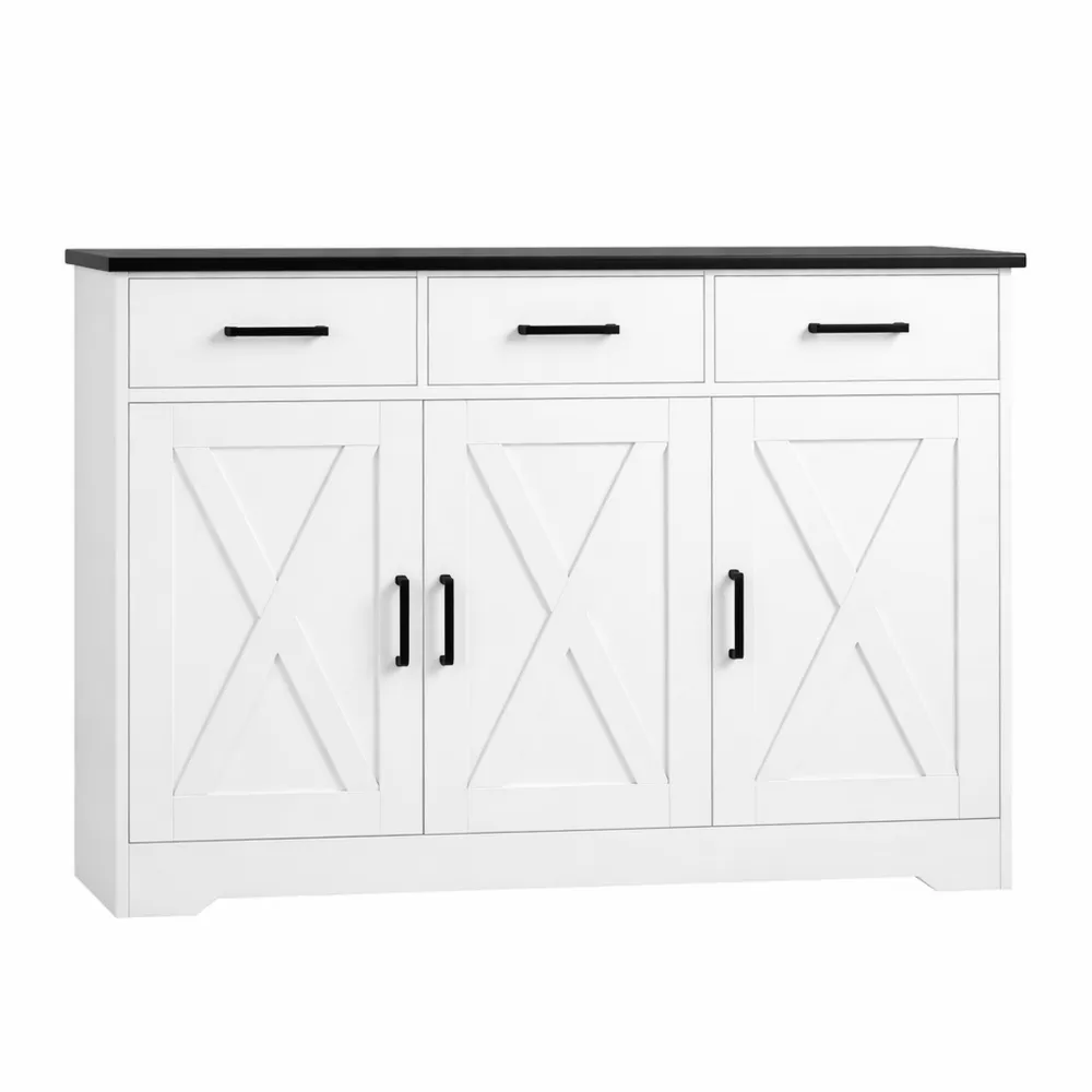 Buffet de cuisine en bois avec rangements et plan de travail, blanc et noir