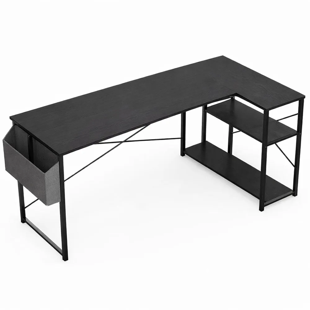 Bureau d'angle en L avec étagères de rangement, noir, 100x70 cm