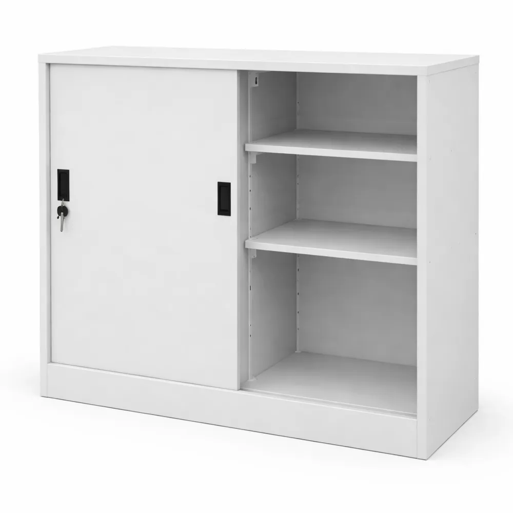 Armoire de bureau grise avec portes verrouillables et étagères réglables
