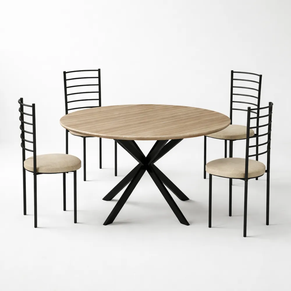 Table ronde de salle à manger 120 cm, design rétro pieds métal noir, finition noyer délavé, pour 4-6 personnes