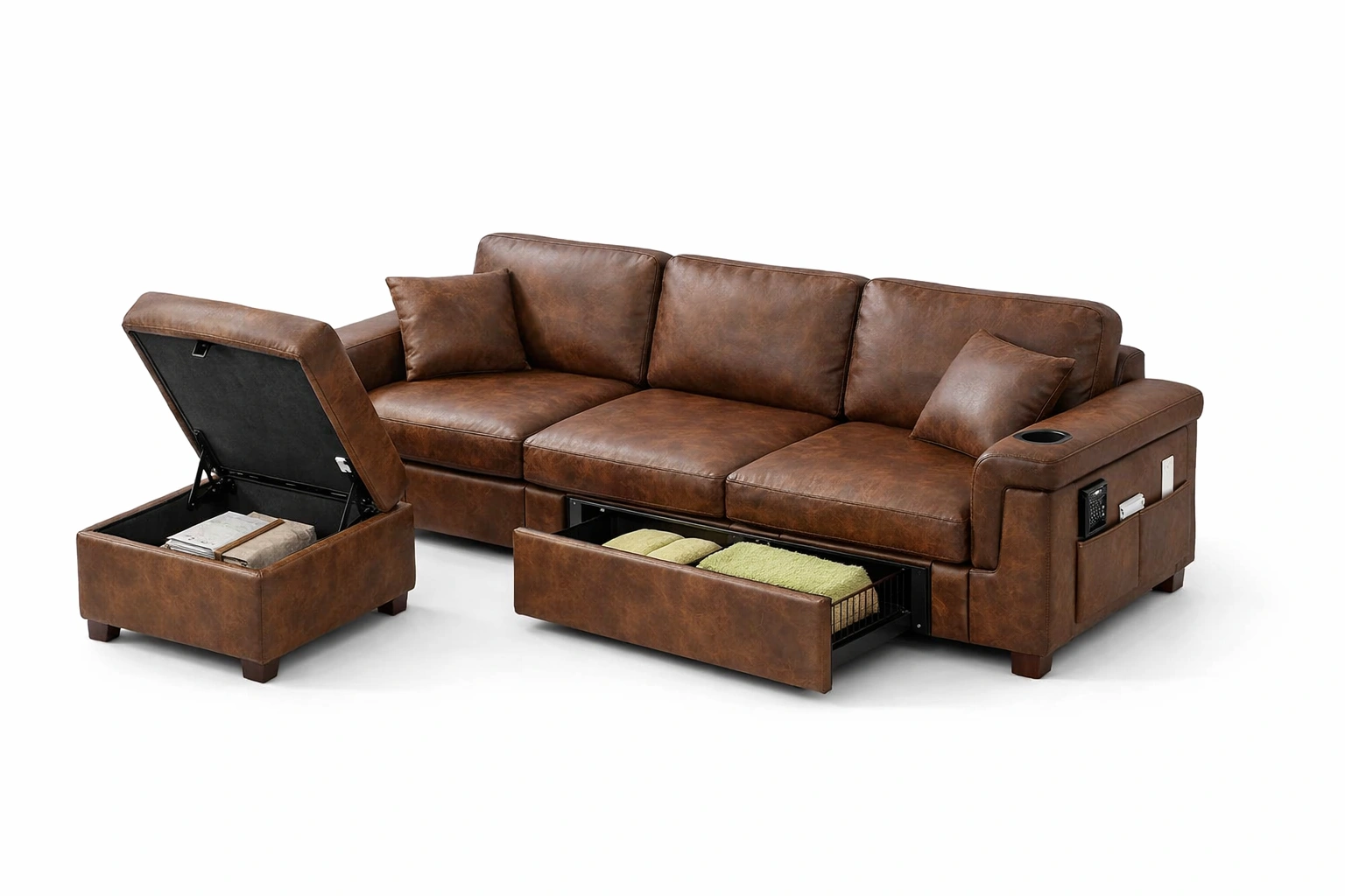 Canapé Convertible avec Rangement en Similicuir Marron Style Moderne-Rovviro