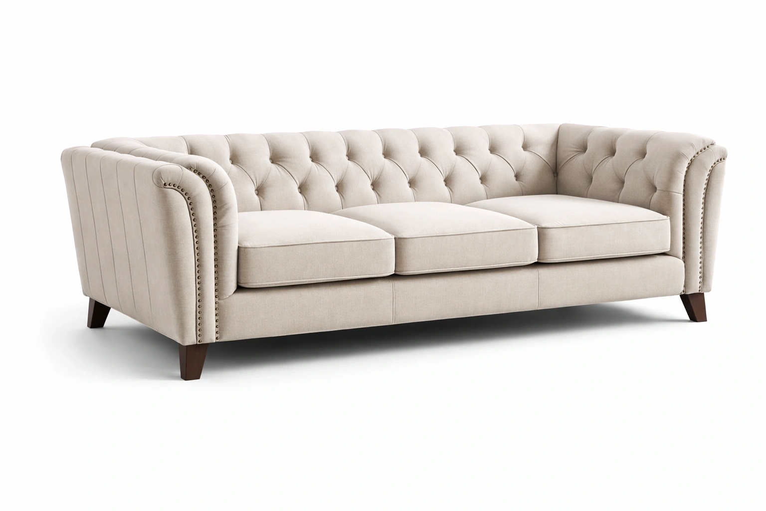 Canapé Chesterfield 3 Places Capitonné Tissu Beige Classique-Rovviro