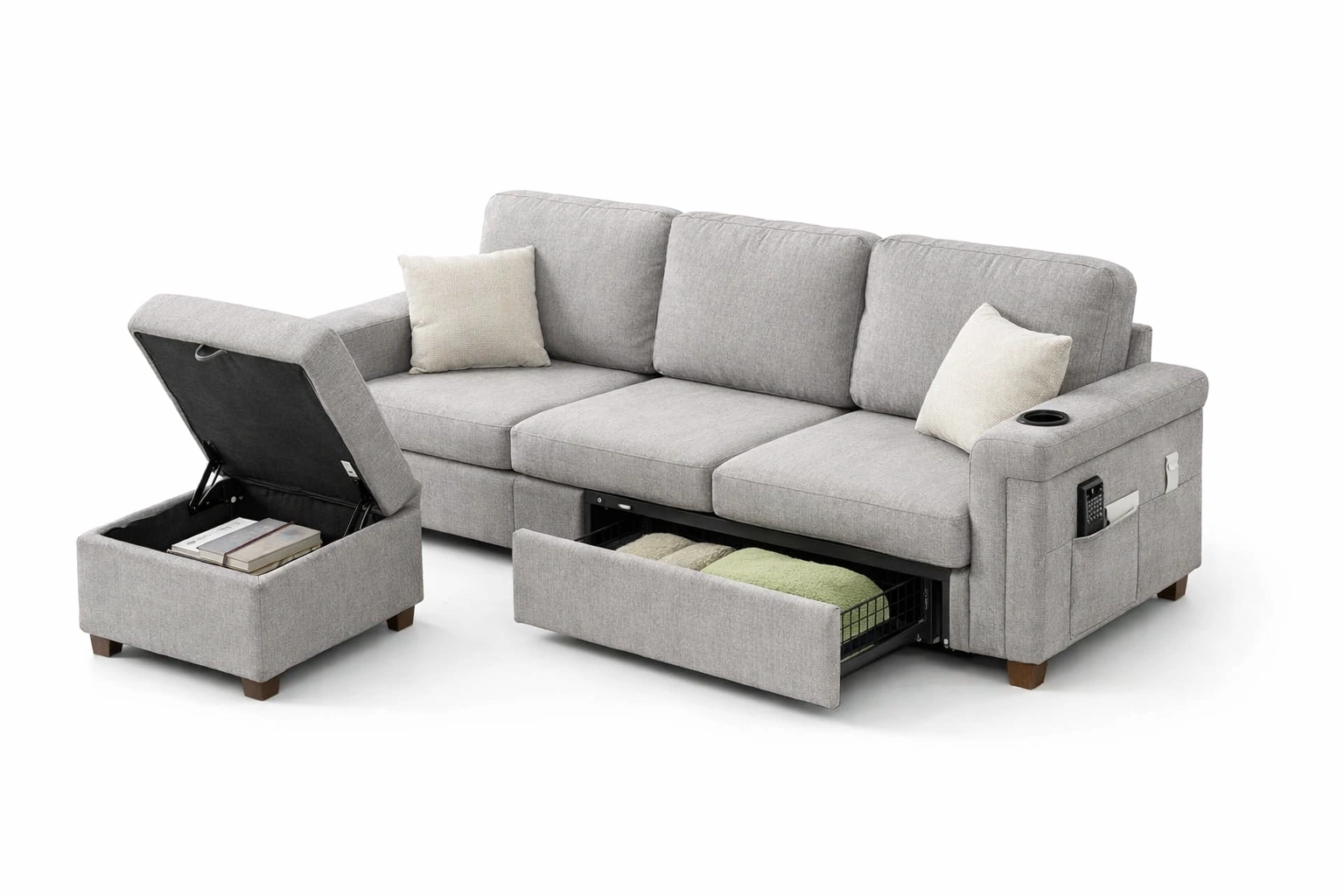 Canapé 3 Places avec Rangement et Ottoman Tissu Gris-Rovviro