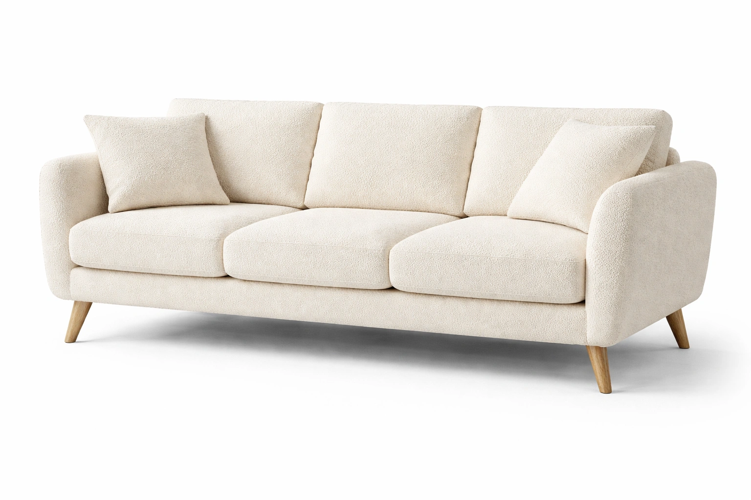 Canapé 3 Places Bouclé Crème Pieds Bois Style Moderne-Rovviro