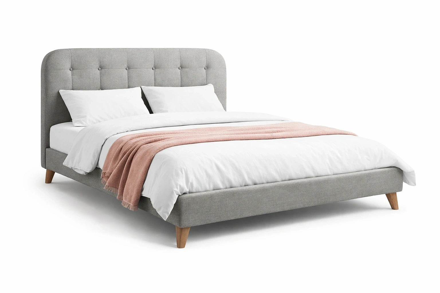 Lit Double Tissu Gris Capitonné Pieds Bois Style Scandinave-Rovviro