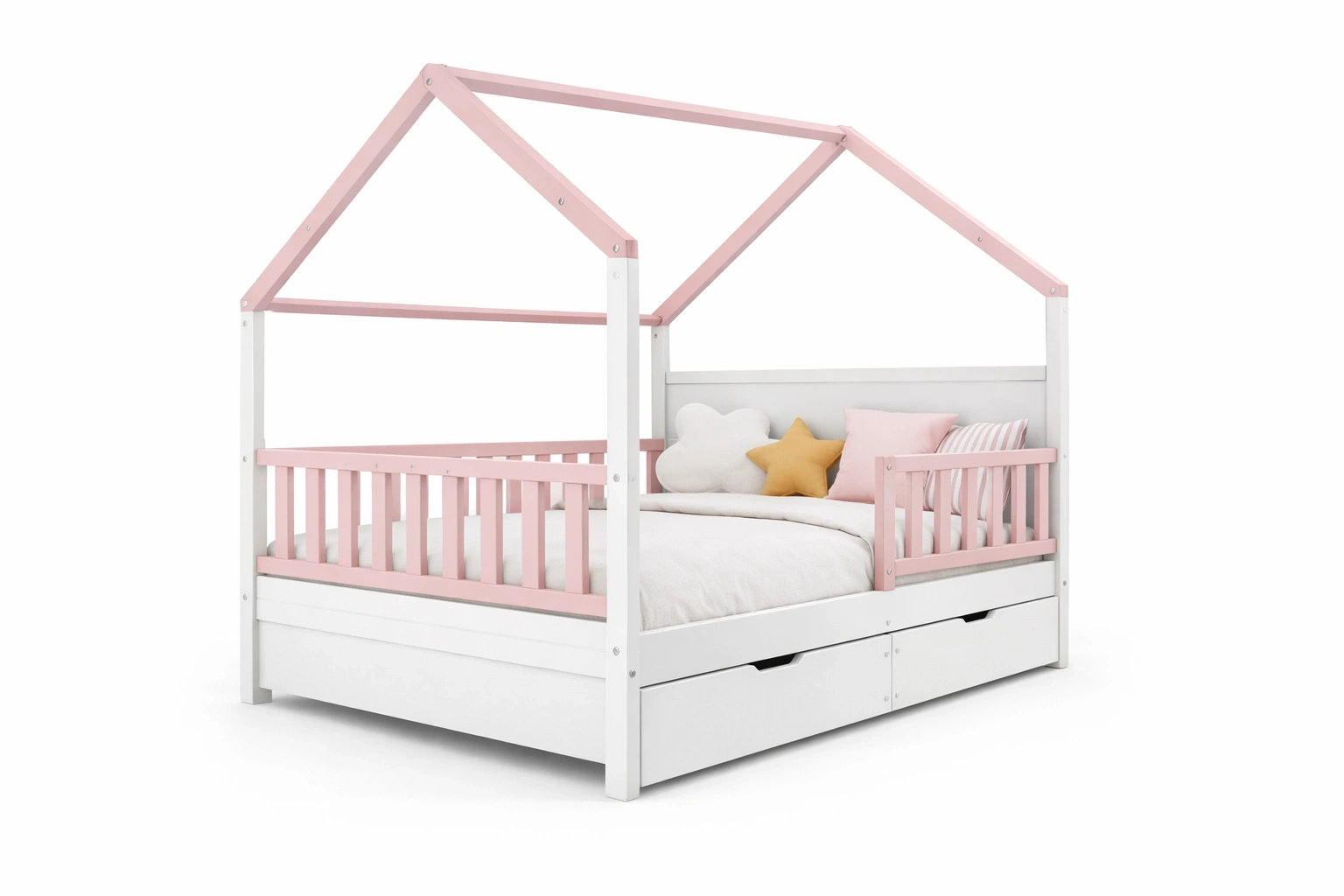Lit Enfant Maison Bois Blanc et Rose avec Tiroirs Rangement-Rovviro