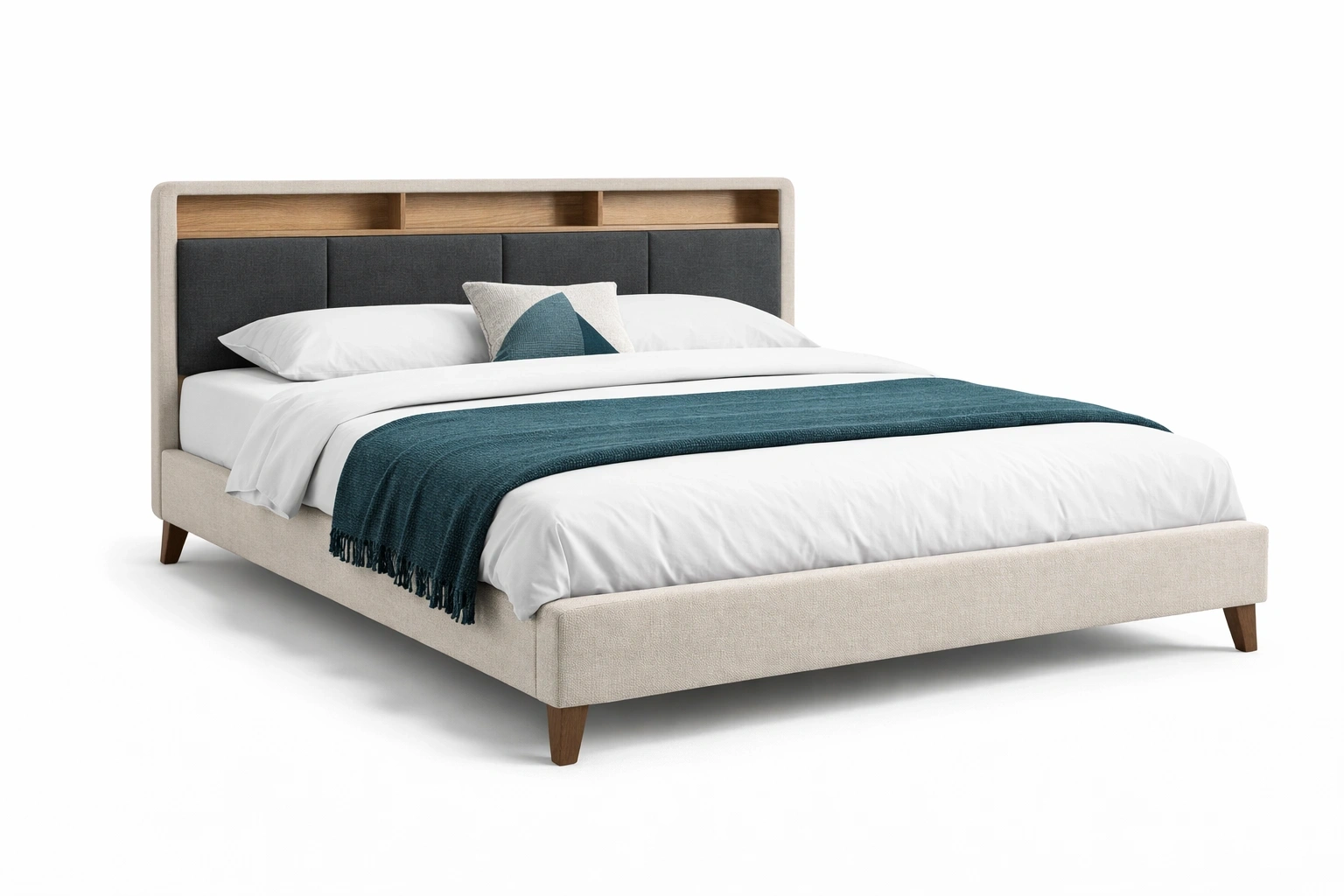 Lit Double Tissu Beige avec Tête de Lit Rangement Moderne-Rovviro