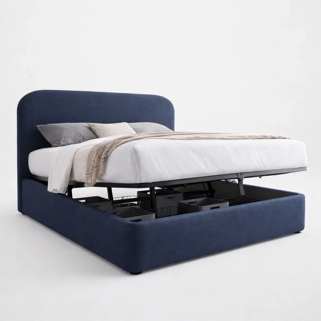 Lit Coffre Double Tissu Bleu avec Rangement Relevable Moderne-Rovviro