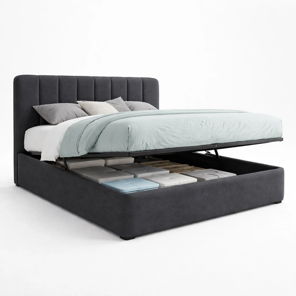 Lit Coffre Double Tissu Gris Capitonné avec Rangement-Rovviro