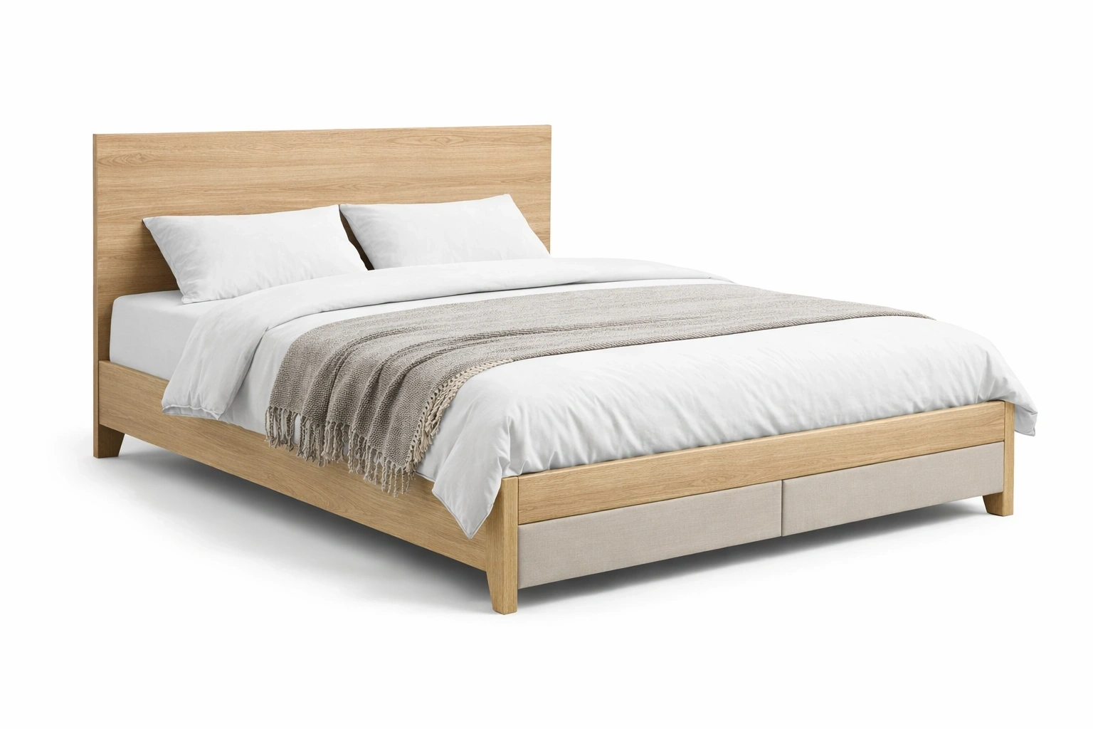 Lit Double Bois Chêne Clair avec Tiroirs de Rangement-Rovviro