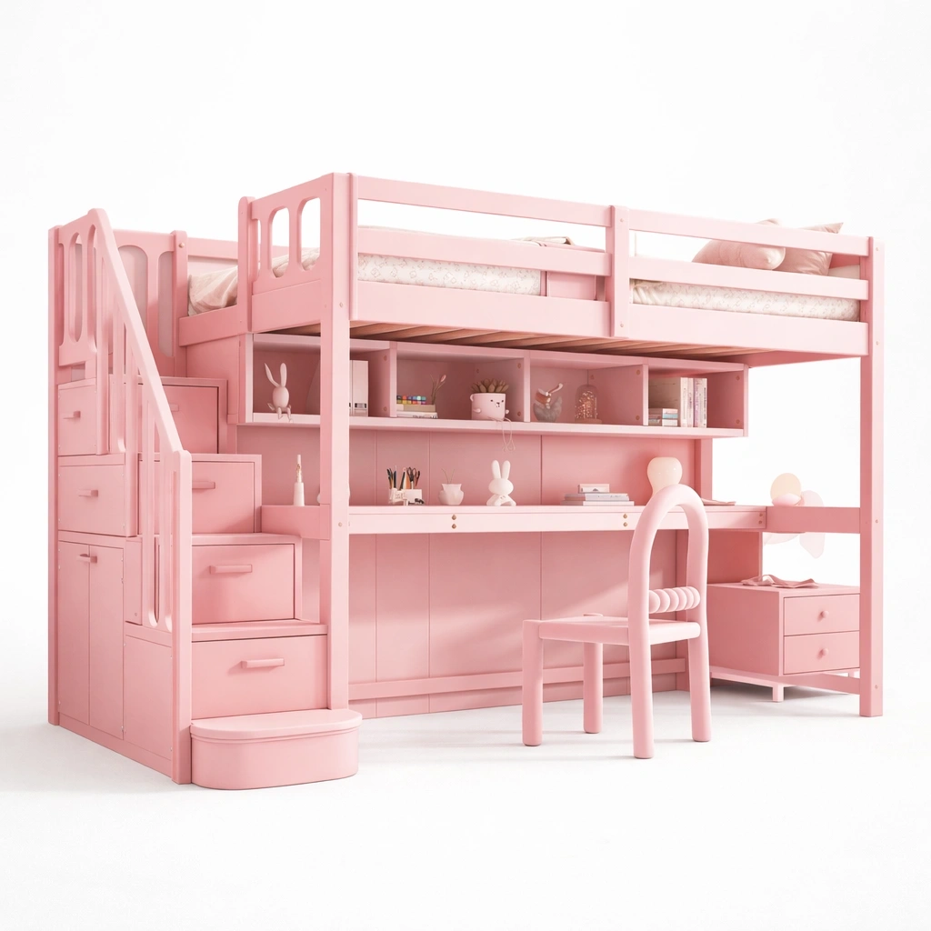 Lit Mezzanine Enfant Rose avec Bureau et Rangements-Rovviro