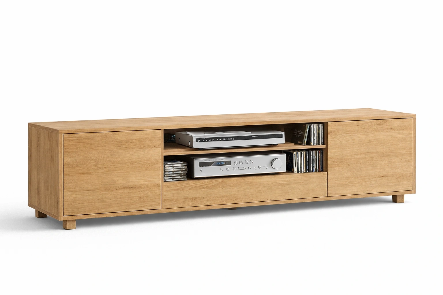 Meuble TV Bois Chêne Clair avec Compartiments et Portes-Rovviro