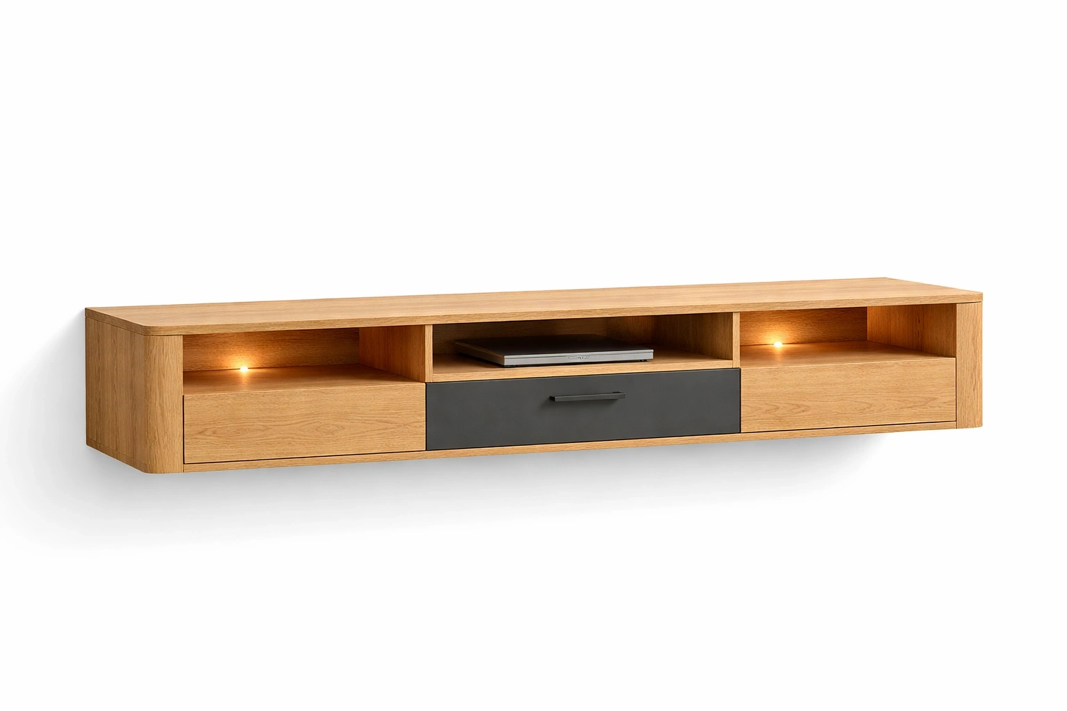 Meuble TV Bois Naturel avec Tiroir Central et Éclairage-Rovviro