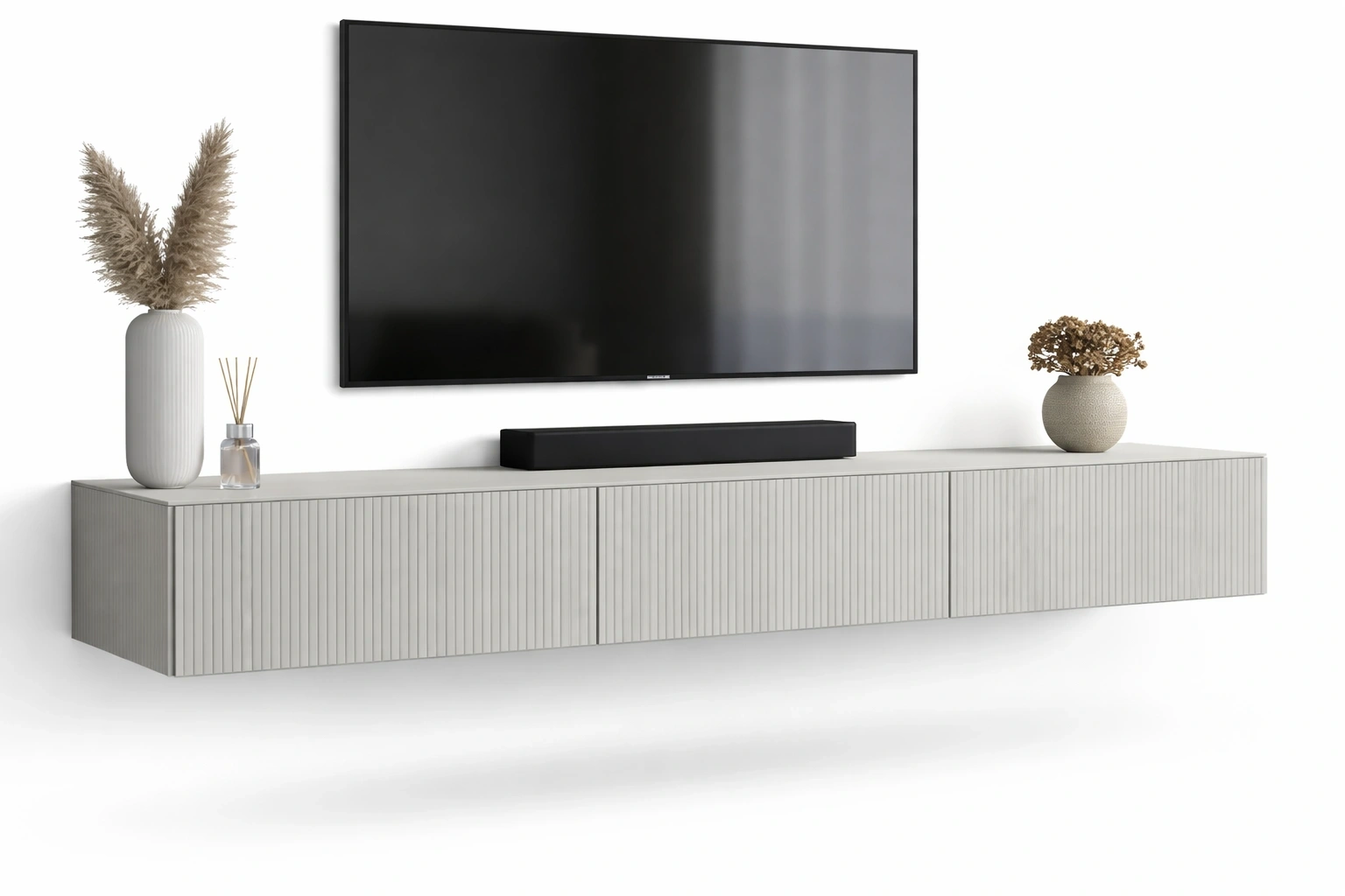 Meuble TV Design Moderne Gris Clair avec Façades Rainurées-Rovviro