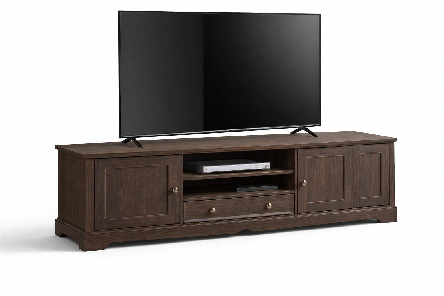 Meuble TV Classique Bois Noyer avec Portes et Étagères de Rangement-Rovviro