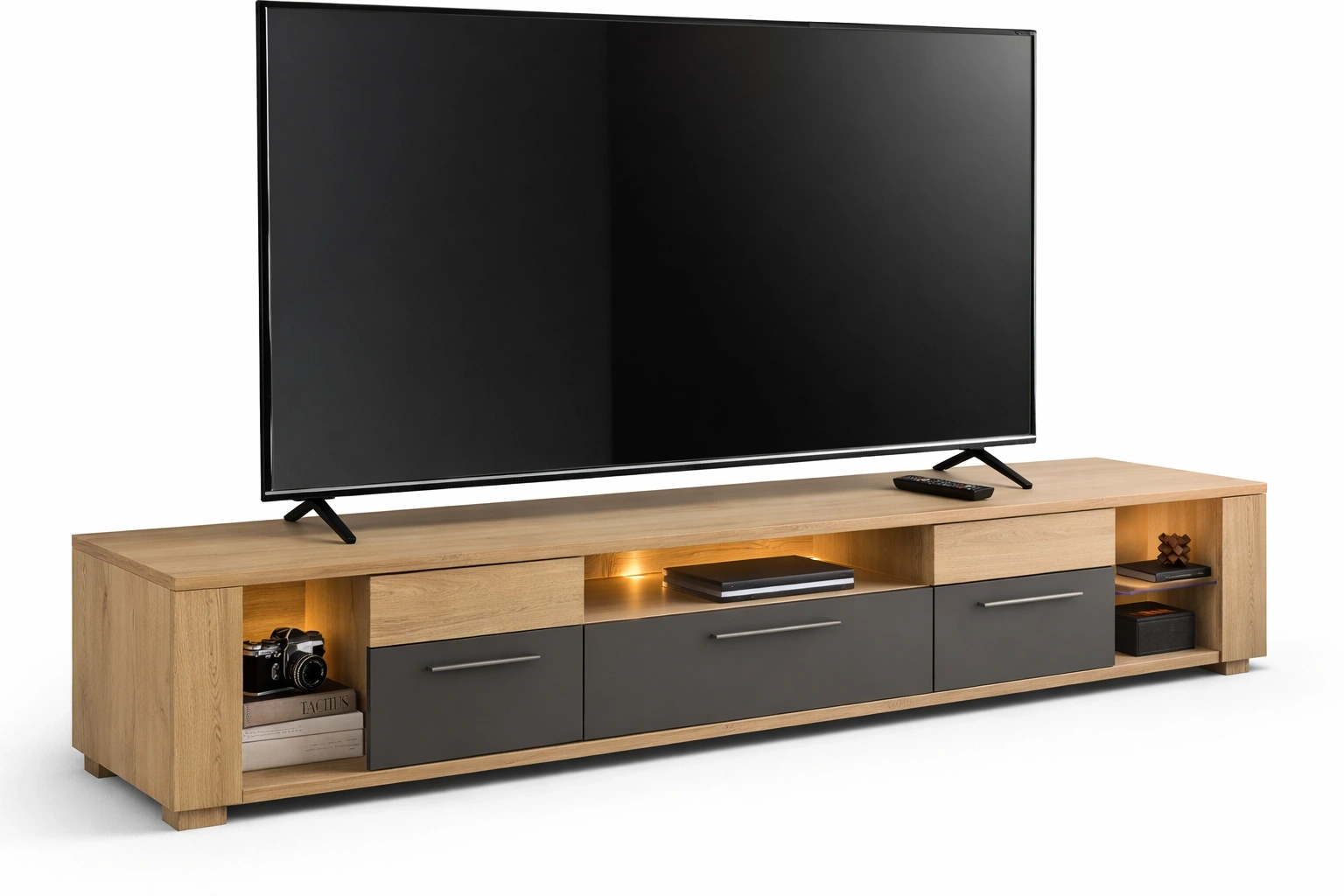 Meuble TV Scandinave Bois Clair avec Tiroirs Gris et Éclairage-Rovviro