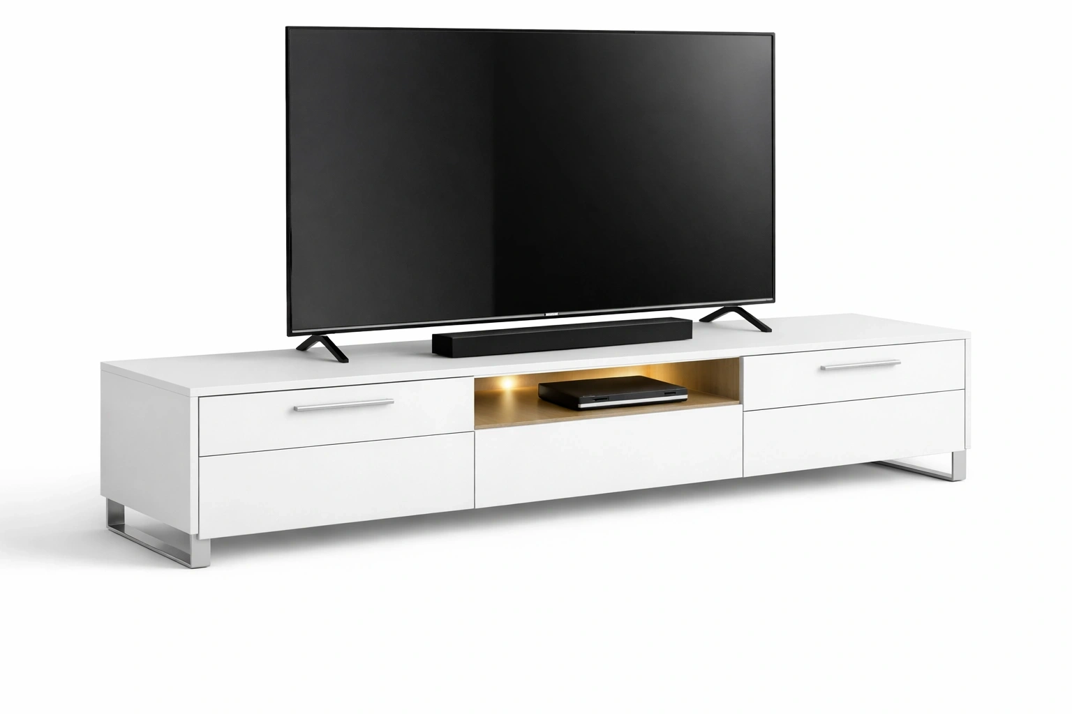 Meuble TV Contemporain Blanc Brillant avec Compartiment Central-Rovviro