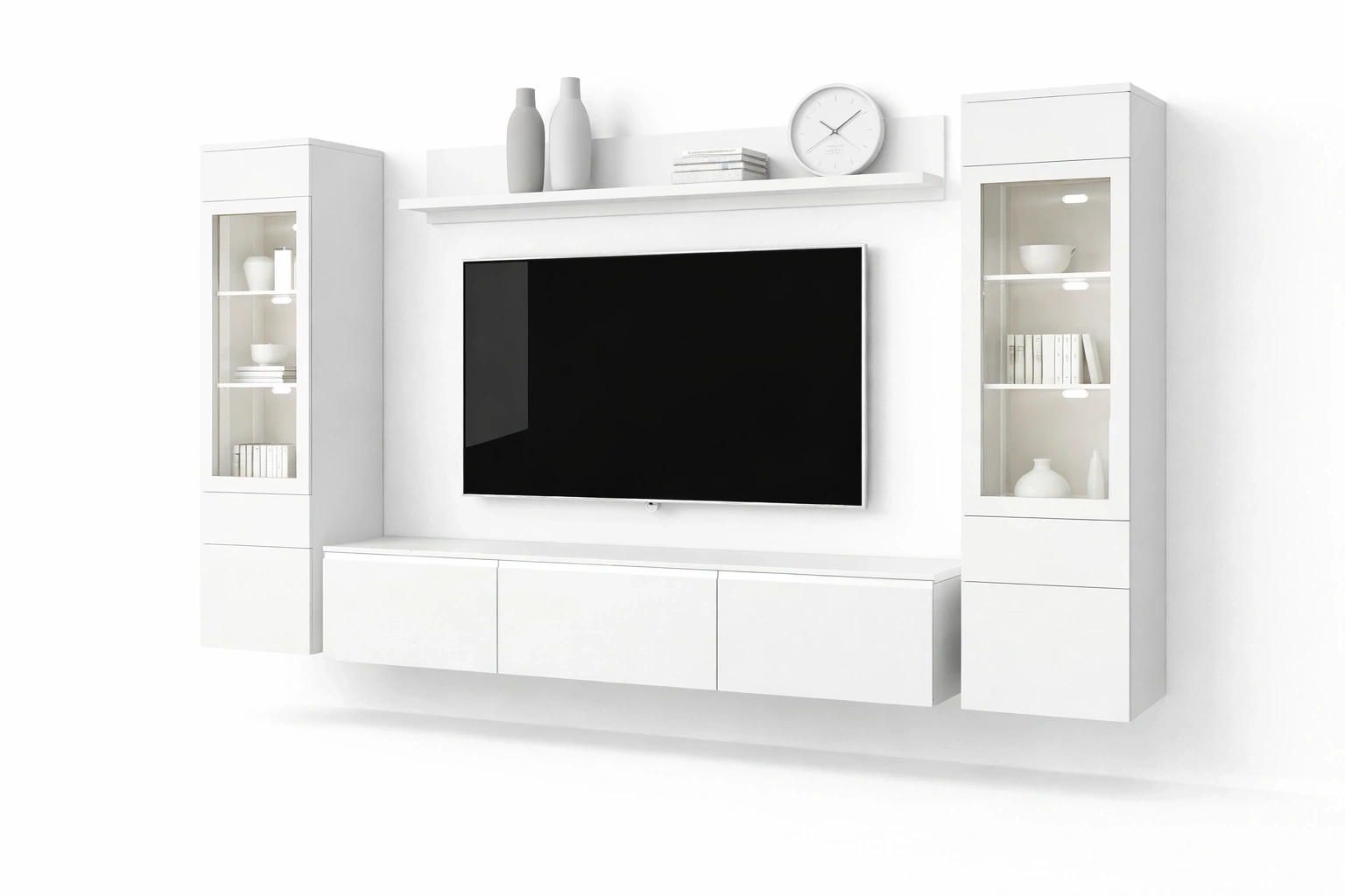 Ensemble Meuble TV Suspendu Blanc avec Colonnes Vitrées-Rovviro