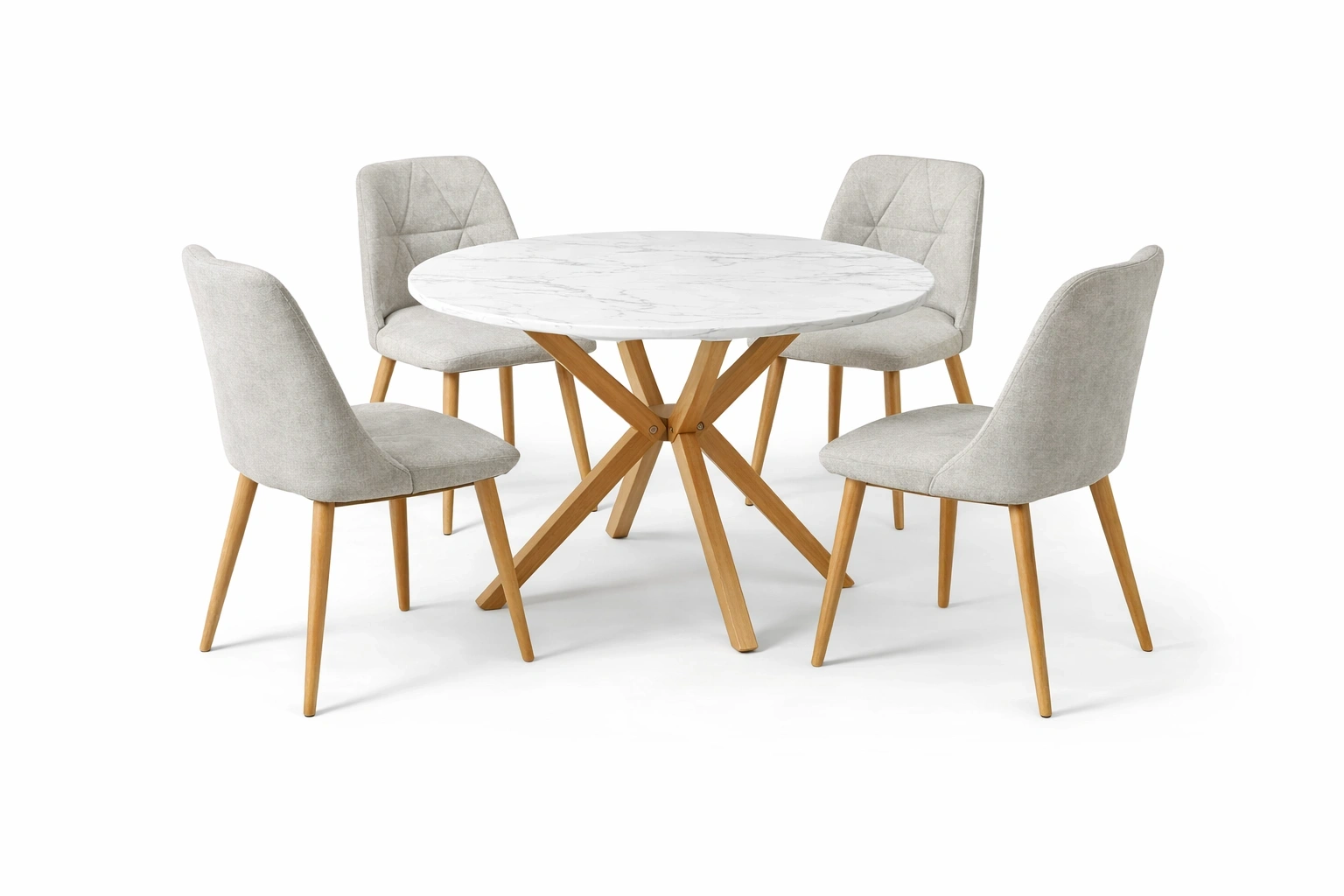 Ensemble Table à Manger Ronde Effet Marbre Blanc avec 4 Chaises Tissu-Rovviro