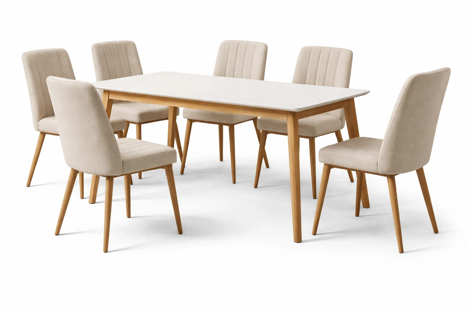 Ensemble Table à Manger Rectangulaire Blanc Pieds Bois avec 6 Chaises Tissu-Rovviro