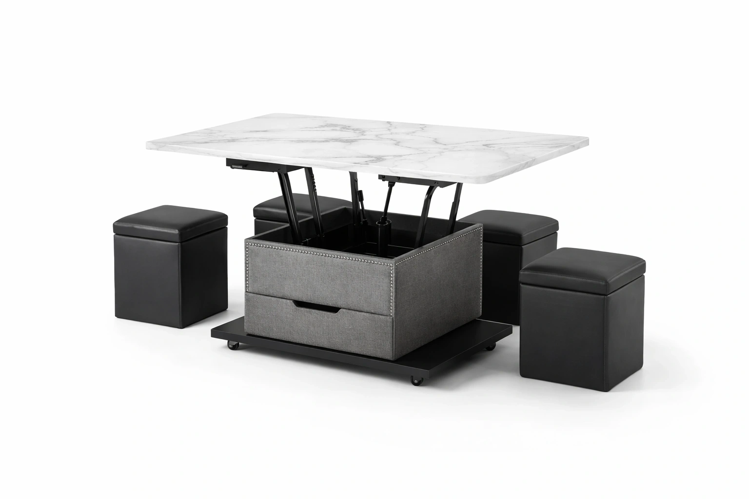 Table Basse Transformable Plateau Marbre Blanc avec 4 Poufs Rangement-Rovviro