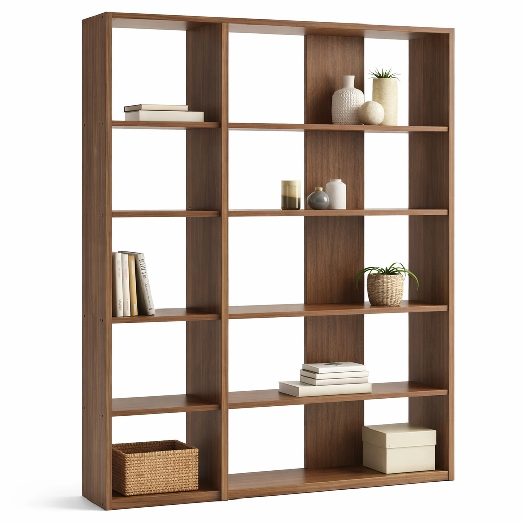 Bibliothèque bois noyer étagère large rangement livres décoration salon-Norvirox