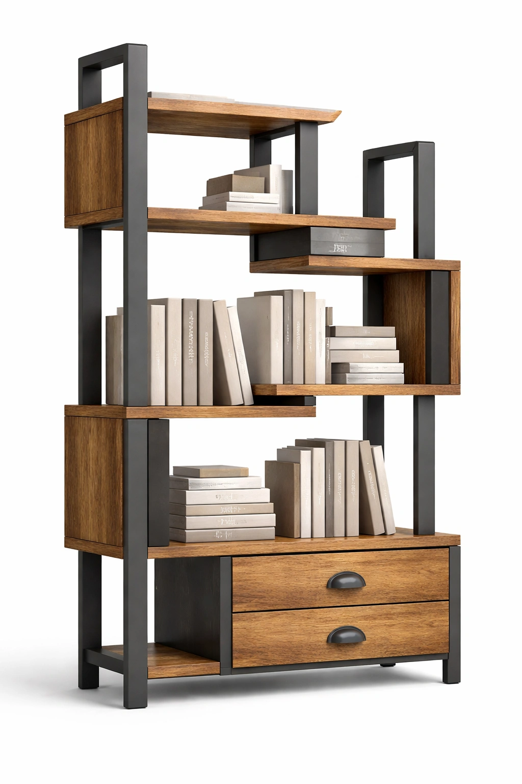 Bibliothèque Industrielle Bois Métal Étagères Décalées Avec Tiroirs-Norvirox