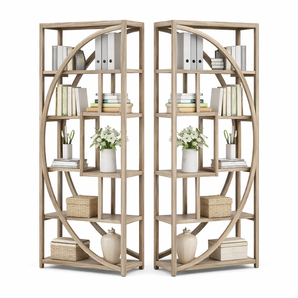 Bibliothèque Décorative Forme Cercle Bois Clair Étagères Ouvertes-Norvirox