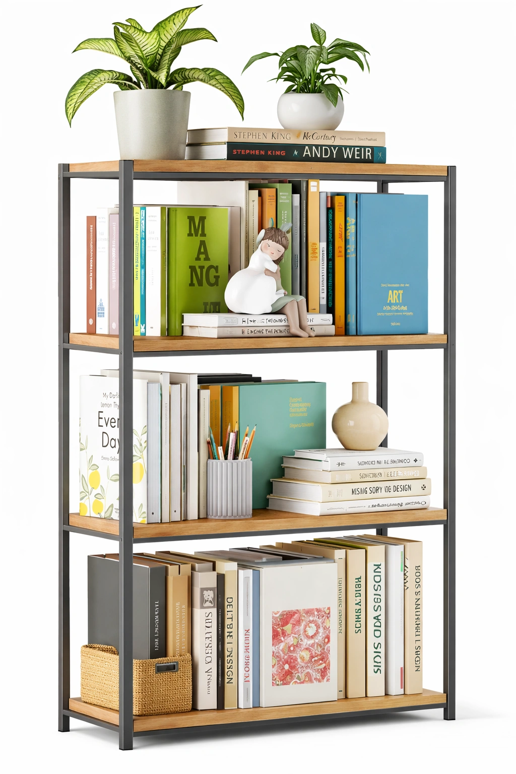 Bibliothèque Industrielle Bois Métal 4 Niveaux Rangement Livres Salon-Norvirox