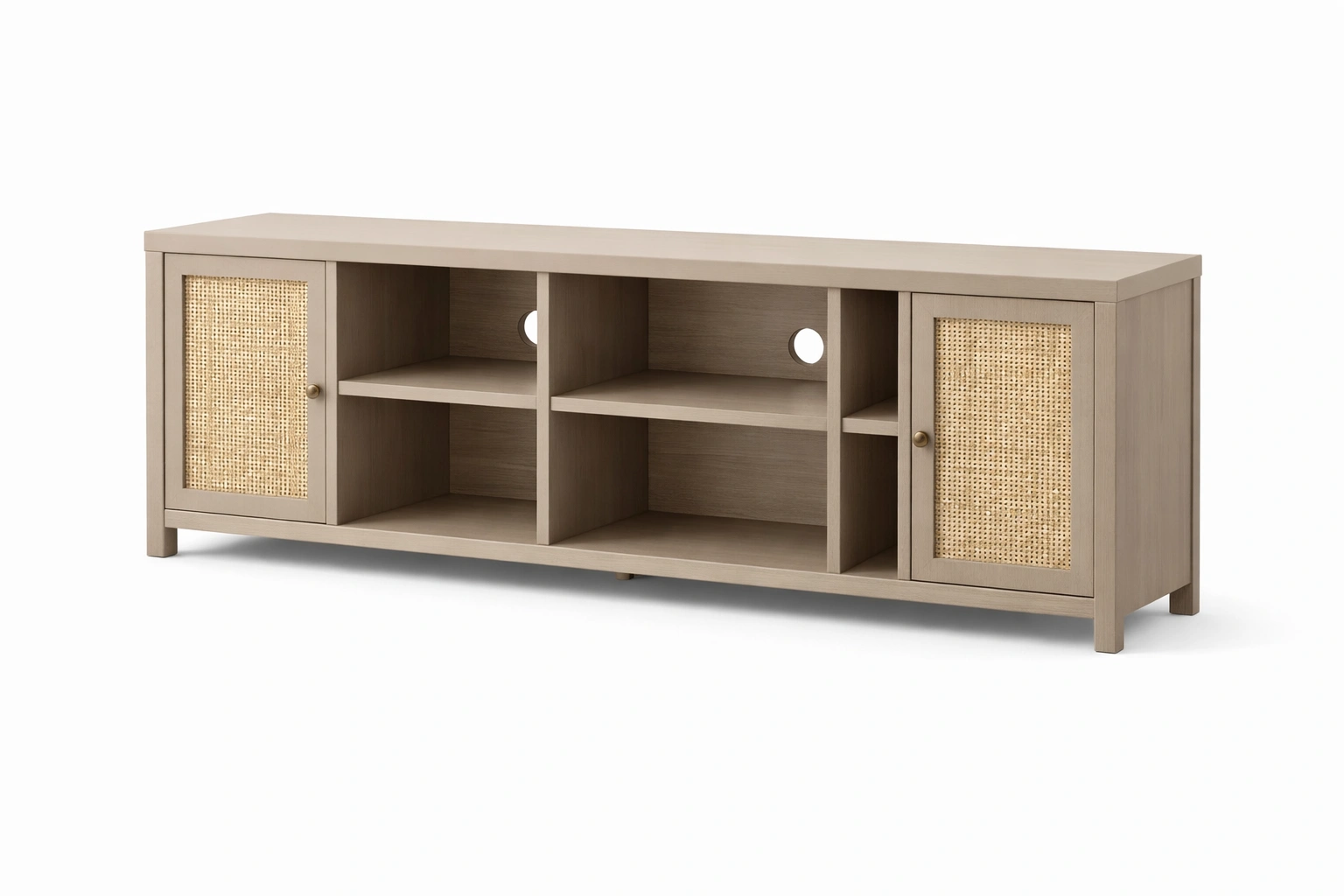 Meuble TV Bois Clair Portes Cannage Rangement Salon-Norvirox