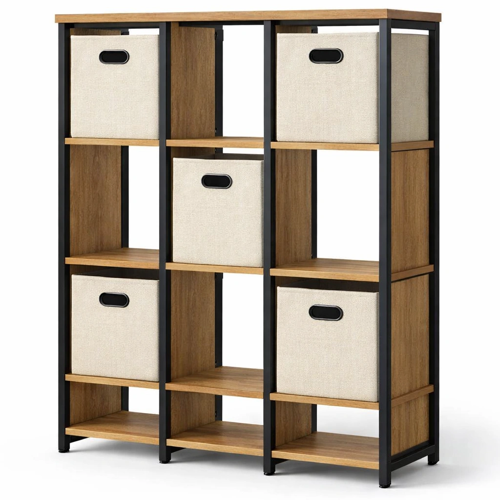 Bibliothèque Cubes Bois Métal Avec Boîtes Rangement Salon Bureau-Norvirox