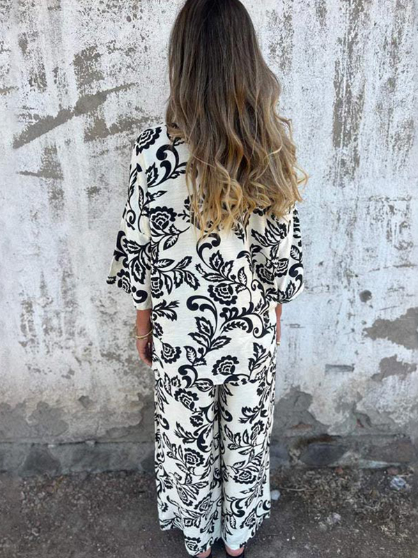 Women's Fashion Two Piece Printed Lapel Button-Down Shirt and Wide-Leg Pants Set