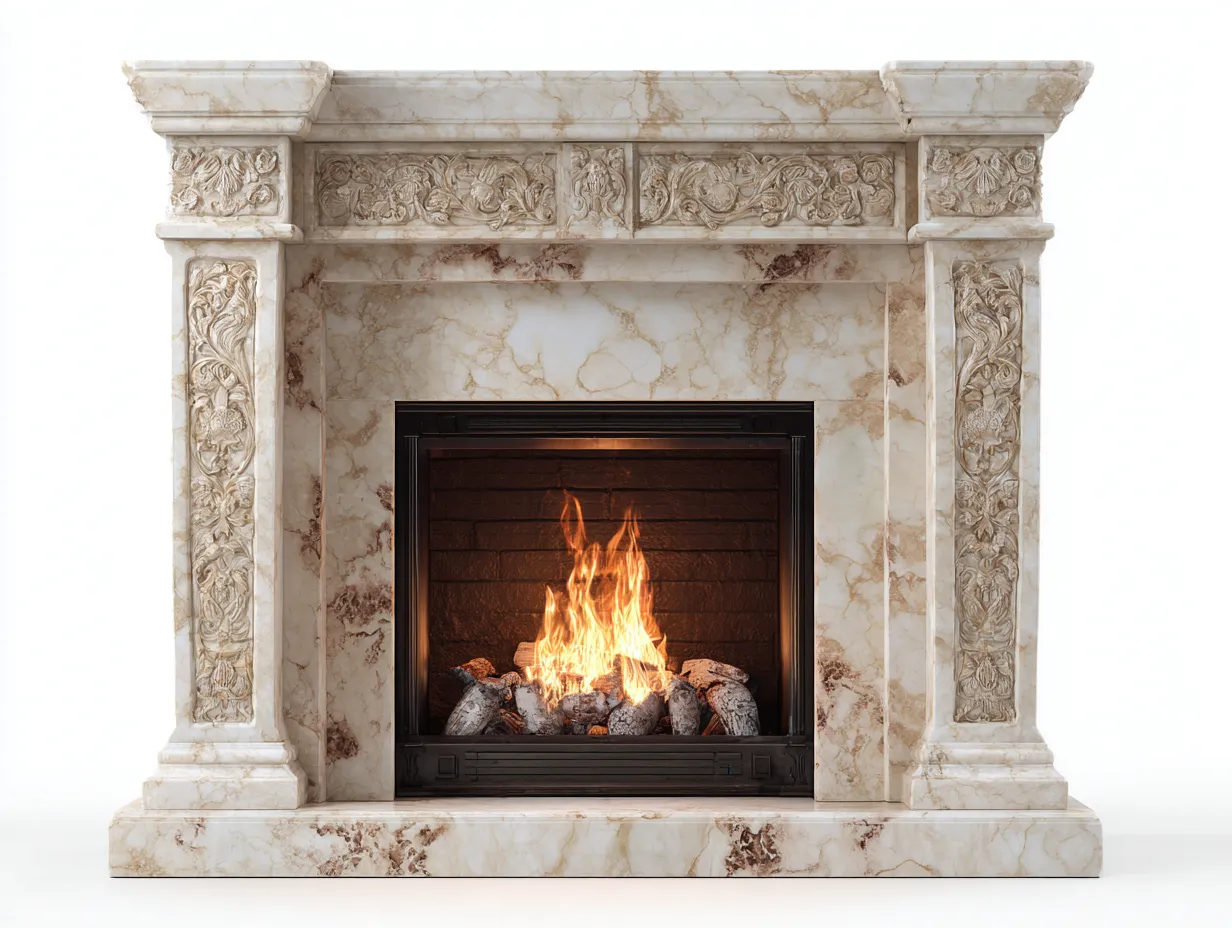 Kamin - Stein-Marmor-Metall - 170 x 45 x 128 cm - Beige-Schwarz-Orange - Klassisch-Homimyhub