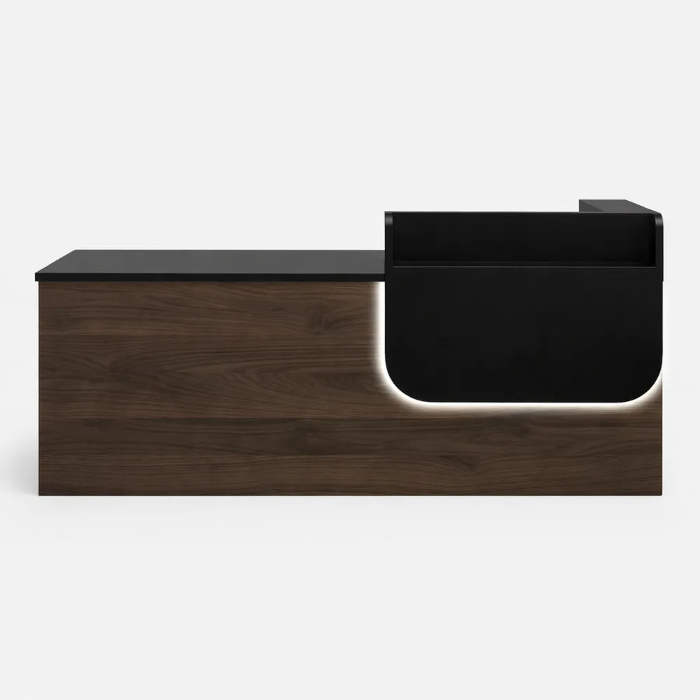 Bancone reception in legno massello con cassetto chiudibile, illuminazione LED e spazio di archiviazione, lunghezza regolabile ideale per uffici e negozi