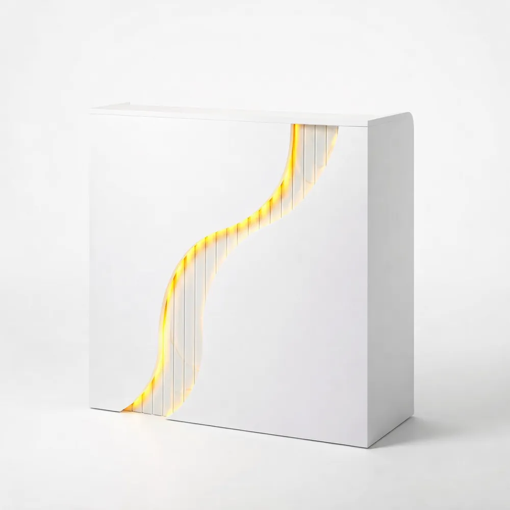 Bancone reception moderno con LED e cassetto, ideale per supermercati e uffici