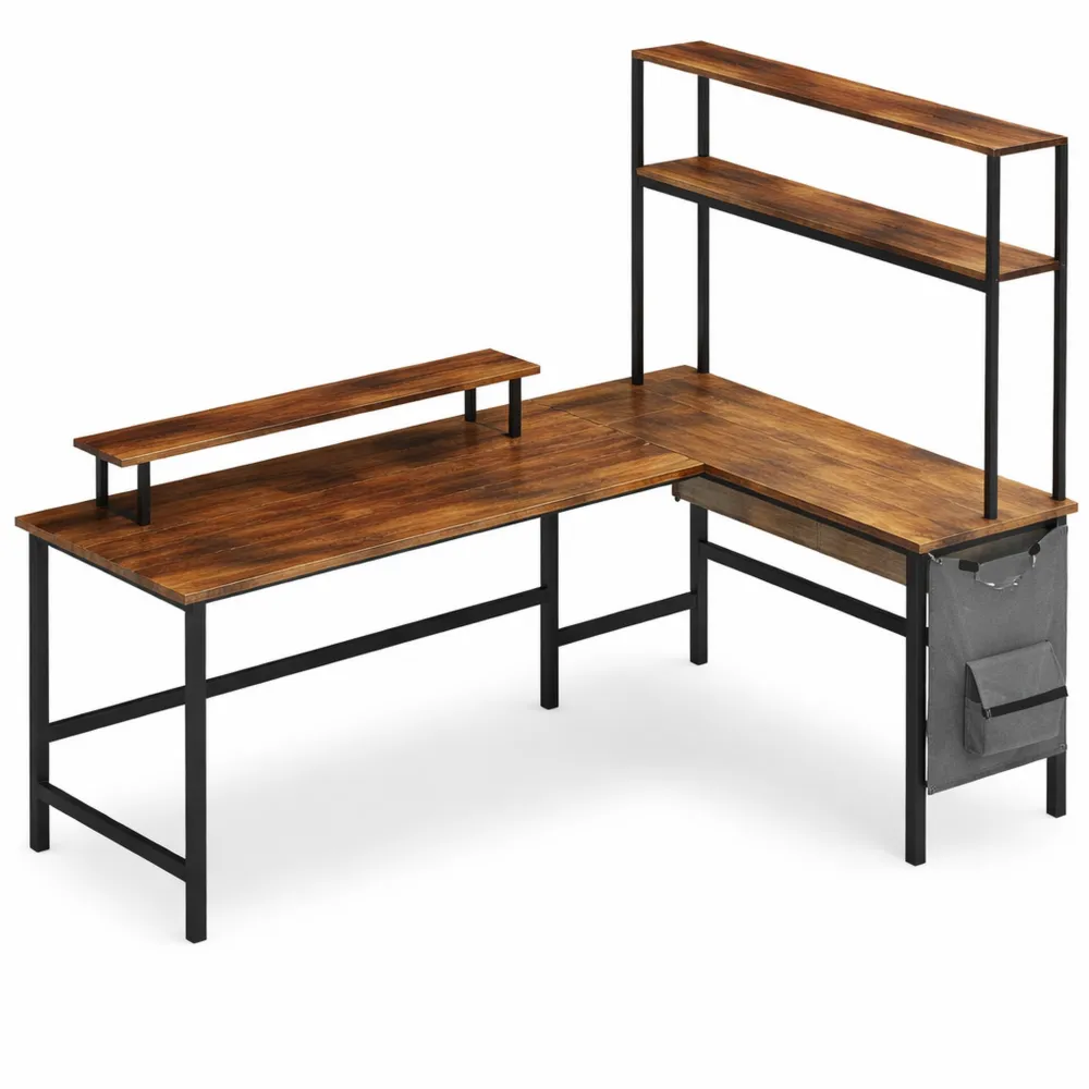 Scrivania Angolare con LED, 150 x 100 cm, Tavolo Gaming a L con Prese USB, Libreria e Cassetti, Marrone Vintage