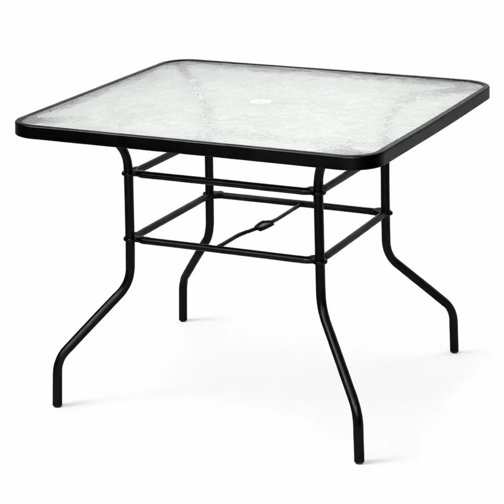 Tavolino da Giardino in Metallo e Vetro con Porta Ombrellone