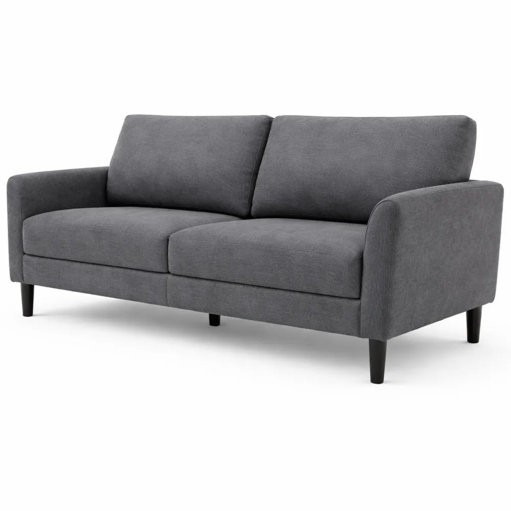 Divano a 3 posti contemporaneo in tessuto effetto lino con braccioli e imbottitura spessa, gambe in legno per soggiorno e ufficio, grigio scuro