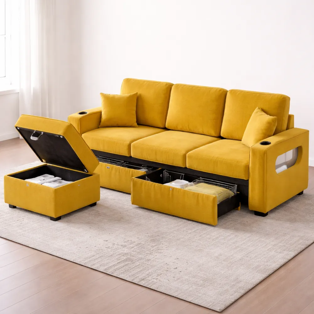 Divano angolare in velluto con illuminazione LED e funzioni pratiche